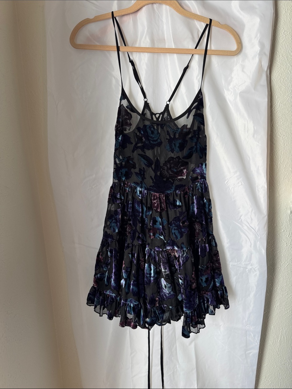 Dolls Kill Black Floral Velvet Burnout Slip Dress with Purple & Blue Accents
